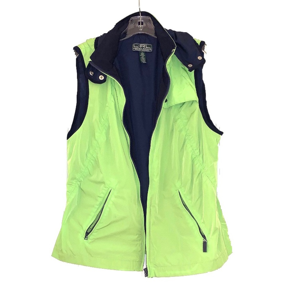 L-Ralph Lauren Navy and Lime Hooded Vest Sz L GUC